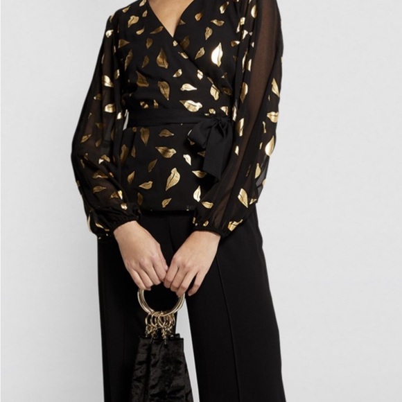 Diane Von Furstenberg S $268 Jessa Gold Lip Wrap Top Black Chiffon Tie Waist - Picture 1 of 6